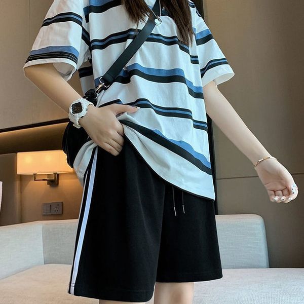 summer striped t-shirt set for women casual clothes elastic waist sweatpant suit fashion female loose shorts matching outfit 0617, White