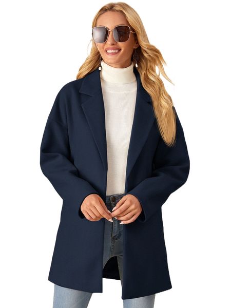 lapel collar drop shoulder open front overcoat x3ll#, Black 
lapel collar drop shoulder open front overcoat x3ll#, Black