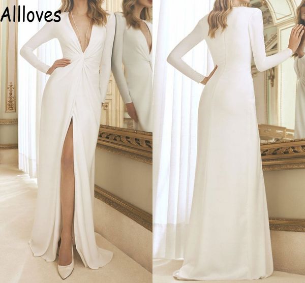 v neck simple satin wedding gowns with long sleeves floor length boho garden stylish bridal dress split front modest fashion robes de mariee, White
v neck simple satin wedding gowns with long sleeves floor length boho garden stylish bridal dress split front modest fashion robes de mariee, White