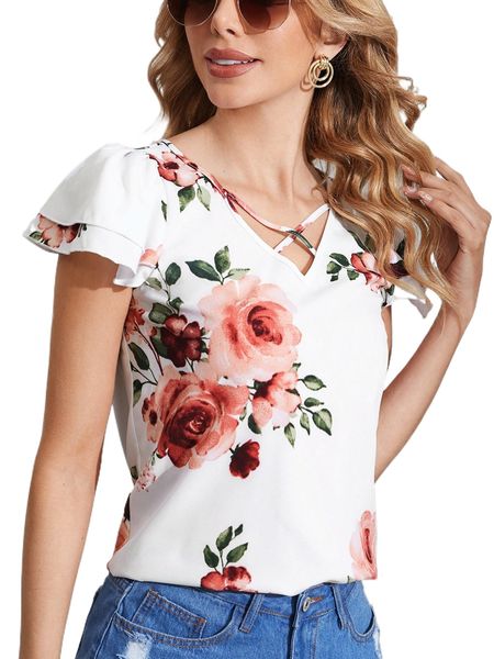 crisscross butterfly sleeve floral u1og#, White