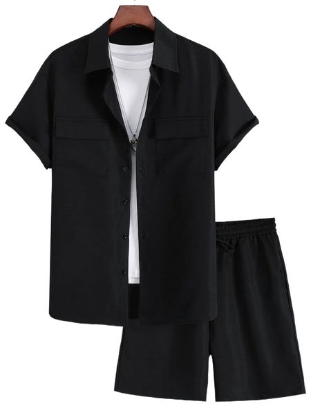 men flap pocket shirt & drawstring waist shorts without tee w3qc#, Gray
