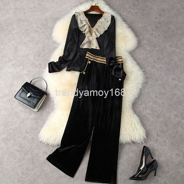 women's two piece pants autumn and winter women's ruffle v-neck thin + high waist hanging feeling wide leg pants golden velvet sui, White 
women's two piece pants autumn and winter women's ruffle v-neck thin + high waist hanging feeling wide leg pants golden velvet sui, White