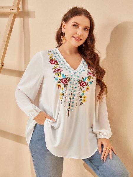 plus floral embroidery blouse u0a1#, Black