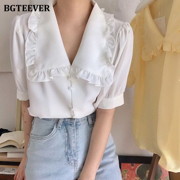 chic casual peter pan collar women chiffon shirts short sleeve single-breasted loose female blouses summer ladies, White
chic casual peter pan collar women chiffon shirts short sleeve single-breasted loose female blouses summer ladies, White