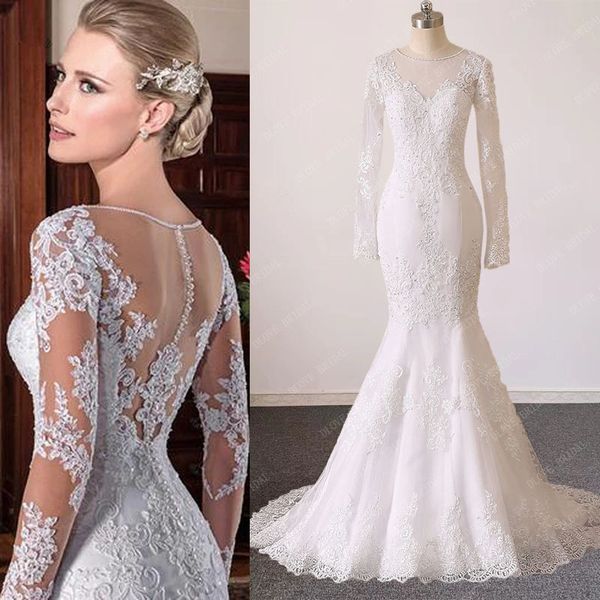 real image mermaid wedding dress 2022 illusion back long sleeve beaded o neck bridal gown, White
real image mermaid wedding dress 2022 illusion back long sleeve beaded o neck bridal gown, White