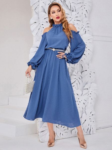 swiss dot frilled cold shoulder flounce sleeve dress without belt w7ab#, Black;gray
swiss dot frilled cold shoulder flounce sleeve dress without belt w7ab#, Black;gray