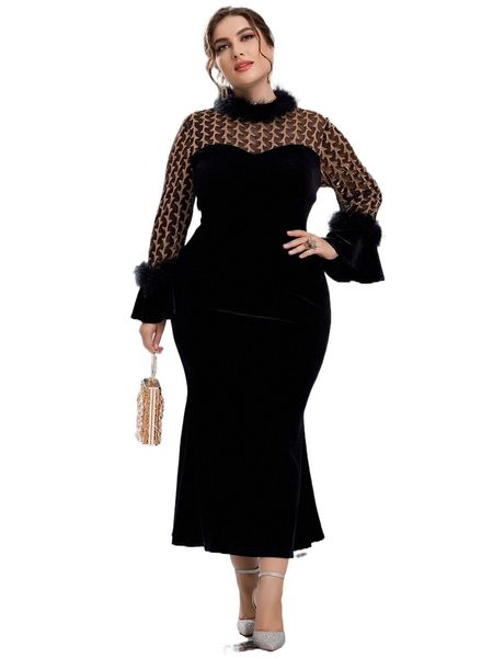 plus fuzzy panel velvet dress u3hg#, Black