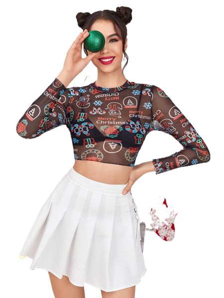 christmas print sheer mesh crop without bra 41mz#, White