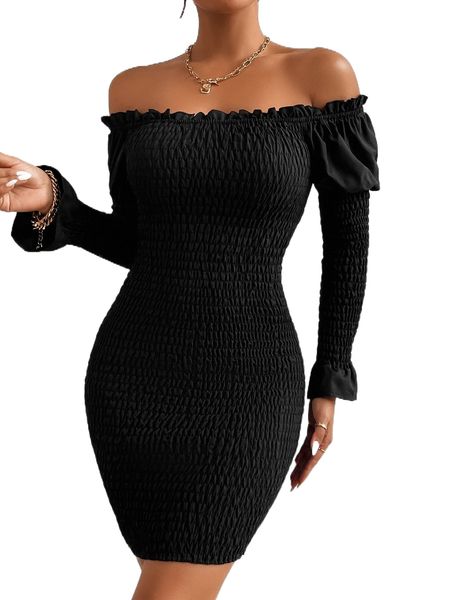 off shoulder frilled gigot sleeve shirred bodycon dress e3n3#, Black;gray 
off shoulder frilled gigot sleeve shirred bodycon dress e3n3#, Black;gray