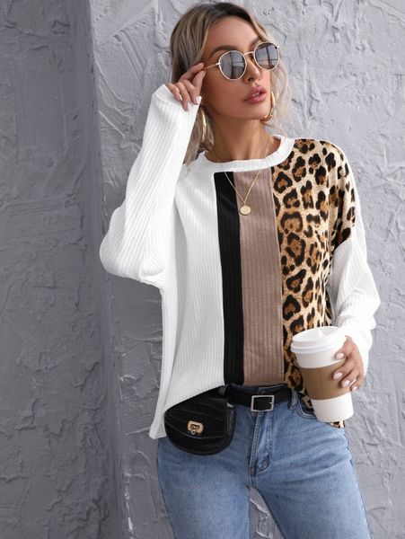 leopard drop shoulder rib-knit tee h1ou#, White 
leopard drop shoulder rib-knit tee h1ou#, White