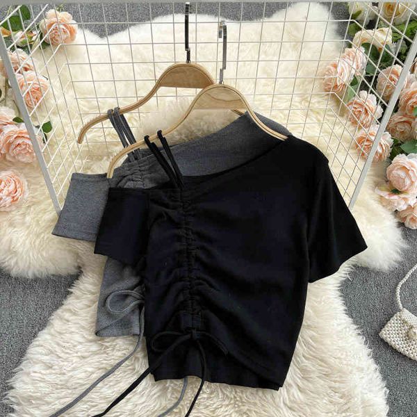 women's t-shirt short women's design minority one side off shoulder sling drawstring pleated open navel versatile short sleeve t-s, White
women's t-shirt short women's design minority one side off shoulder sling drawstring pleated open navel versatile short sleeve t-s, White