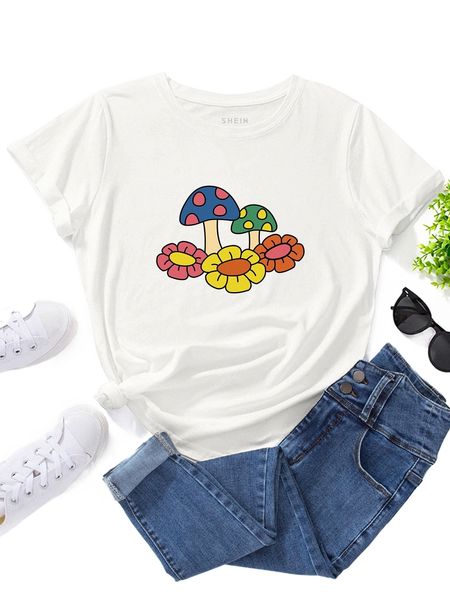 floral & mushroom print tee t4mt#, White
floral & mushroom print tee t4mt#, White