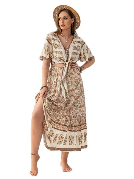 rusttydustty plus floral print knot front & skirt 449b#, Black
