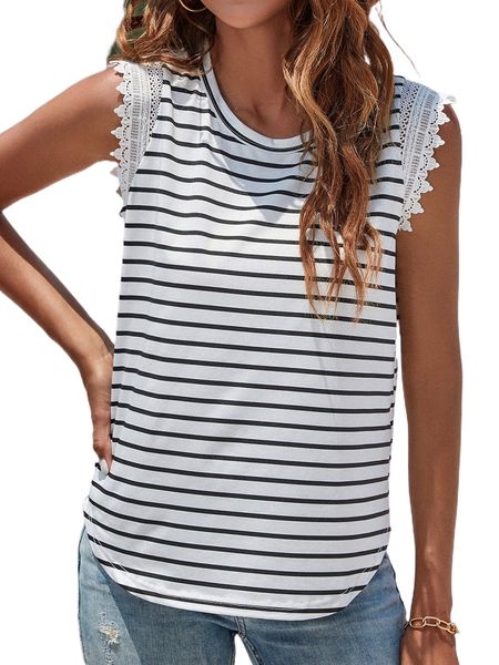 striped contrast guipure lace curved hem tank p9lx#, White
striped contrast guipure lace curved hem tank p9lx#, White