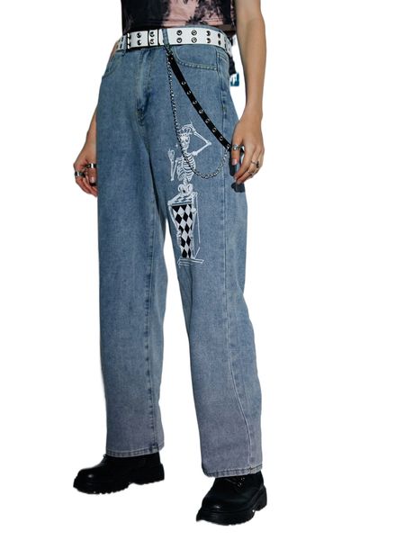 romwe skull graphic straight leg jeans b8vp#, Blue