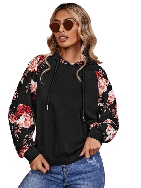 floral raglan sleeve hoodie u6rq#, Black