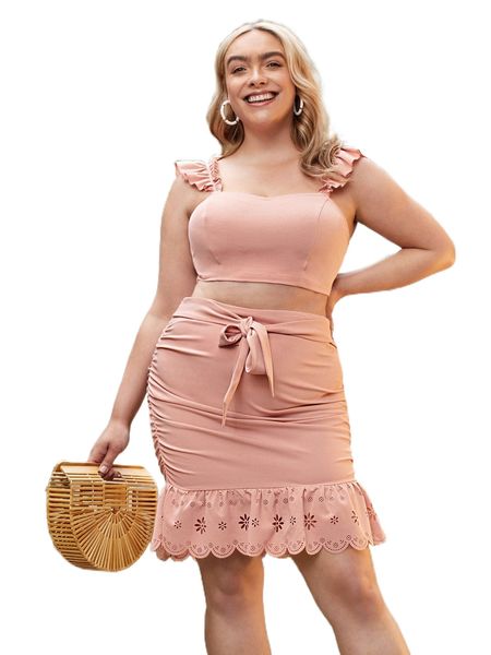 plus ruffle trim crop & scallop trim belted skirt l0r9#, Black 
plus ruffle trim crop & scallop trim belted skirt l0r9#, Black