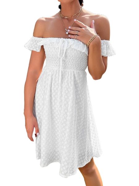 off the shoulder ruffle trim tie front shirred schiffy dress g8xp#, Black;gray
off the shoulder ruffle trim tie front shirred schiffy dress g8xp#, Black;gray