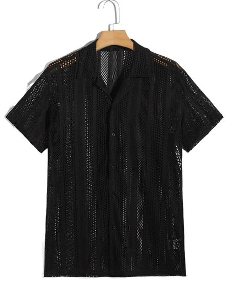 men lapel collar pointelle knit shirt 274n#, White;black 
men lapel collar pointelle knit shirt 274n#, White;black