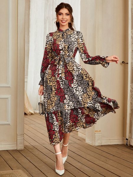 floral print flounce sleeve ruffle hem belted dress 96os#, Black;gray 
floral print flounce sleeve ruffle hem belted dress 96os#, Black;gray