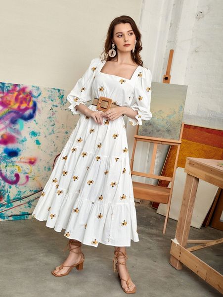 square neck floral embroidery dress without belt m6kw#, Black;gray