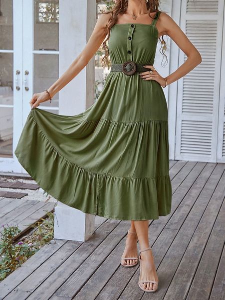 fake button split ruffle hem cami dress d2oc#, Black;gray 
fake button split ruffle hem cami dress d2oc#, Black;gray