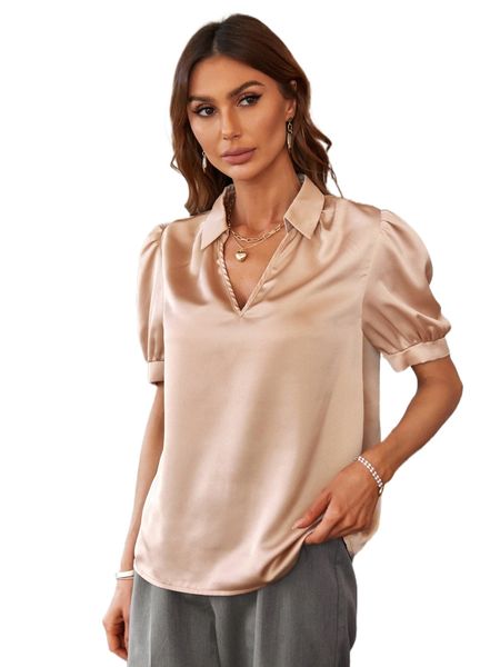 notched neckline puff sleeve satin blouse w4fj#, White 
notched neckline puff sleeve satin blouse w4fj#, White