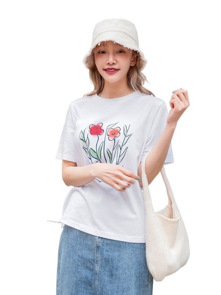 dazy floral print round neck tee n2ks#, White