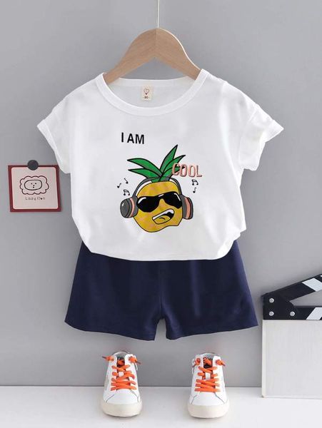 toddler boys pineapple & slogan graphic tee & shorts she, White