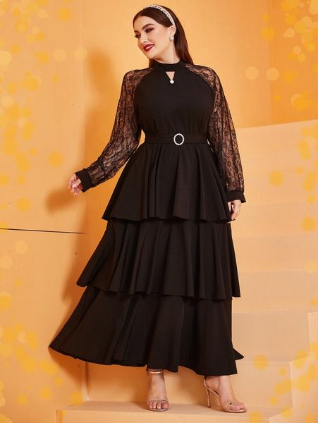 plus contrast lace raglan sleeve cut out layered hem belted dress b4jn#, Black