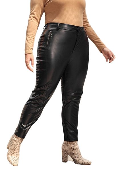 plus high waist pu leather pants 30za#, Black