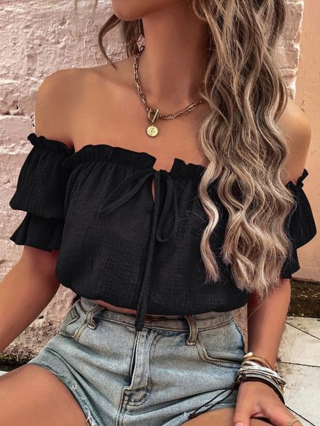 off the shoulder frilled blouse 10y7#, White