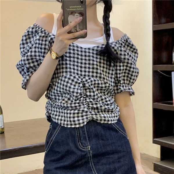 vintage pullover patckwork fake two pieces straight oneck plaid casual women summer blouses 210426, White
vintage pullover patckwork fake two pieces straight oneck plaid casual women summer blouses 210426, White
