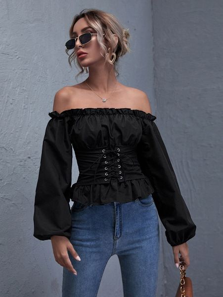 ruffled off-the-shoulder lace-up peplum t9ls#, White
ruffled off-the-shoulder lace-up peplum t9ls#, White