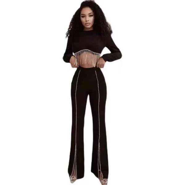two piece dress 21 style short tassel + high waist split splicing flared pants, White
two piece dress 21 style short tassel + high waist split splicing flared pants, White