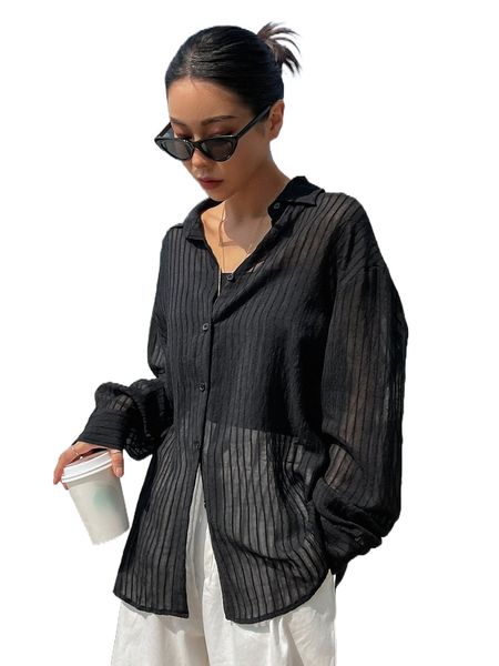 dazy button front sheer blouse 29vd#, White