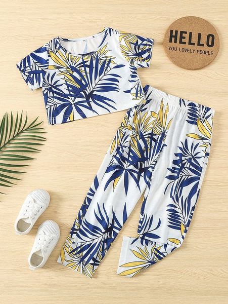 toddler girls plants print tee & pants she, White