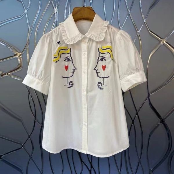 women's polos spring and summer french sweet lotus leaf edge lapel cartoon embroidery single breasted shirt, White
women's polos spring and summer french sweet lotus leaf edge lapel cartoon embroidery single breasted shirt, White