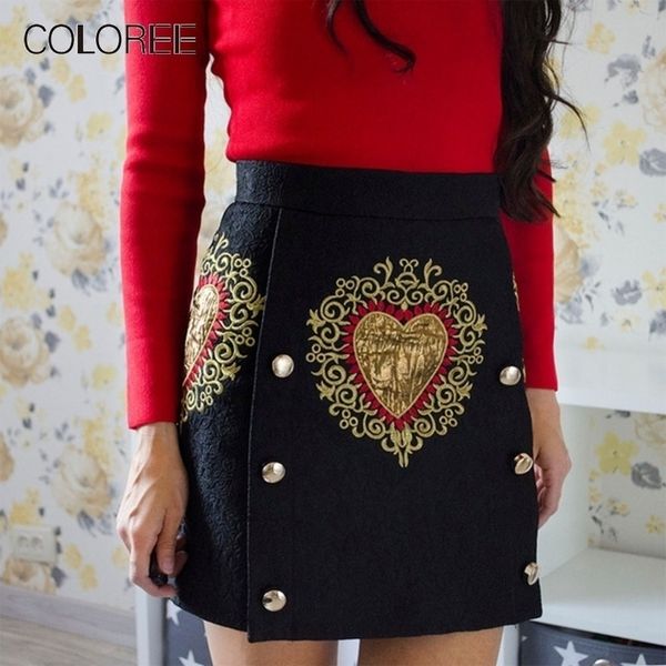 vintage black heart floral embroidery high waist skirt spring women runway designer jacquard mini skirts with buttons y200326
vintage black heart floral embroidery high waist skirt spring women runway designer jacquard mini skirts with buttons y200326