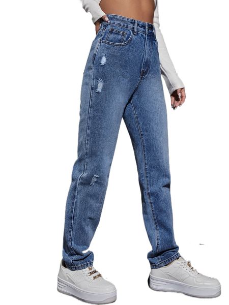 high waist straight leg jeans t25q#, Blue 
high waist straight leg jeans t25q#, Blue