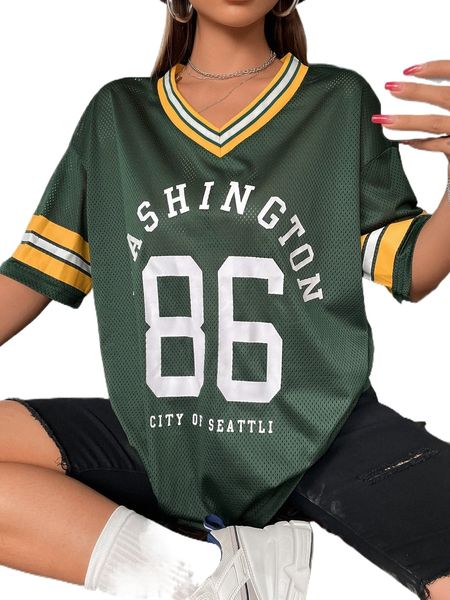 striped & letter graphic drop shoulder mesh j1rb#, White