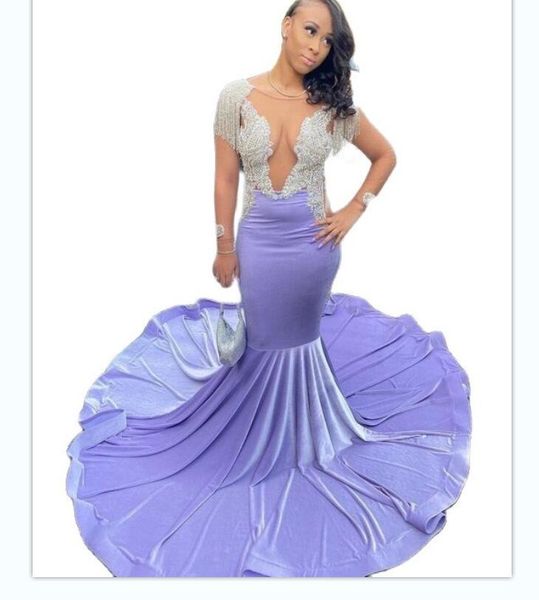 lavender mermaid prom dresses for black girls boat neck sweep train velvet tassel appliques women evening party gowns