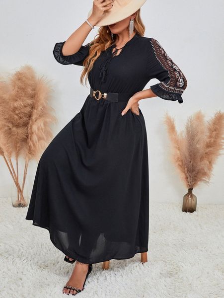 plus floral embroidery flounce sleeve tassel tie neck dress without belt e4u8#, Black
plus floral embroidery flounce sleeve tassel tie neck dress without belt e4u8#, Black