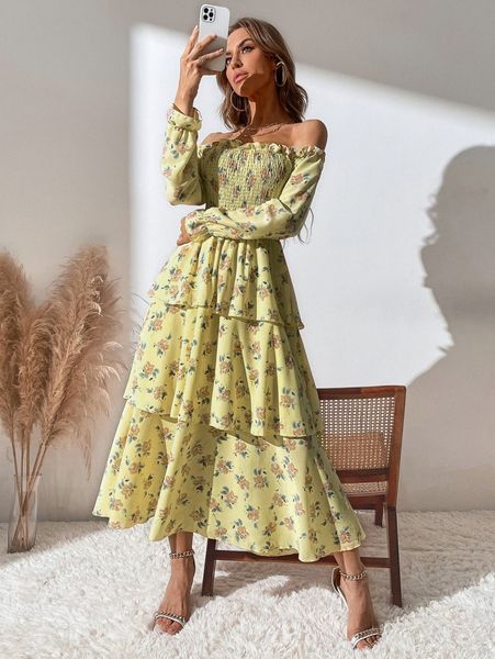 floral print shirred frill off shoulder flounce sleeve layered hem dress f47i#, Black;gray
floral print shirred frill off shoulder flounce sleeve layered hem dress f47i#, Black;gray