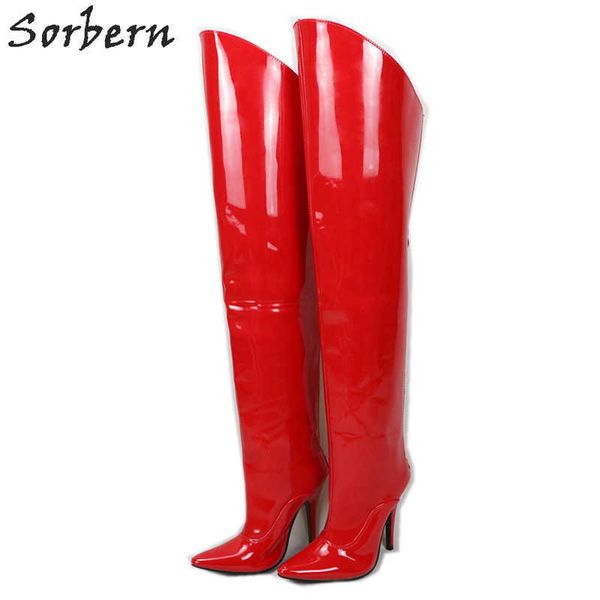 

sorbern 12cm over the knee boots stiletto hard shaft women custom color gold piping mid-thigh boot patent white fetish high heel, Black