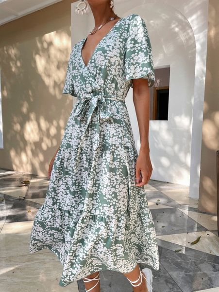 surplice neck floral print belted ruffle hem dress b38n#, Black;gray
surplice neck floral print belted ruffle hem dress b38n#, Black;gray