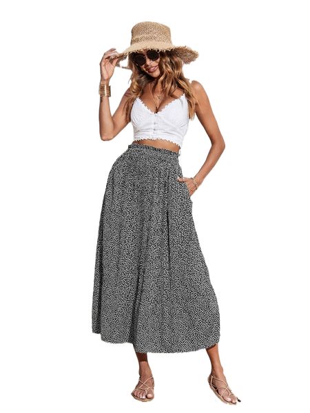 allover print high waist skirt l5pk#, Black