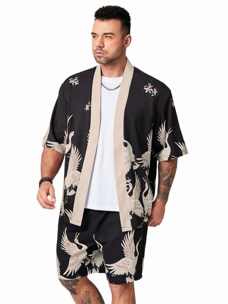 extended sizes men animal print open front kimono & shorts f9y6#, Gray