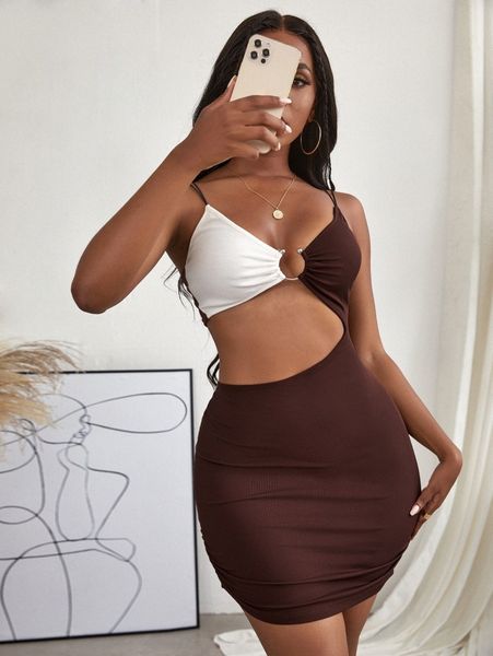 o-ring detail cut-out rib-knit colorblock bodycon dress 83kh#, Black;gray 
o-ring detail cut-out rib-knit colorblock bodycon dress 83kh#, Black;gray