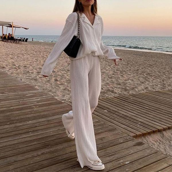 women's two piece pants spring fashion elegant pleated shirt set high waist wide leg loose drape suit for women casual outfits, White
women's two piece pants spring fashion elegant pleated shirt set high waist wide leg loose drape suit for women casual outfits, White